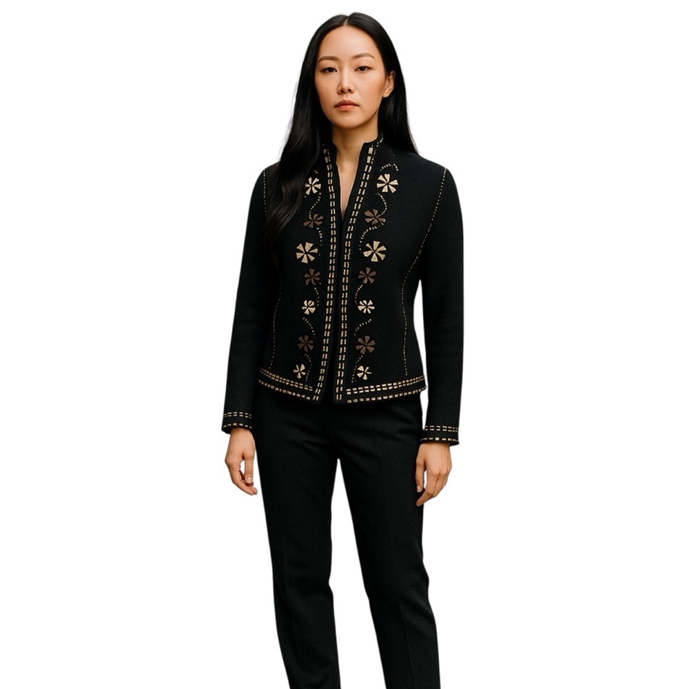 Lauren Hansen Sweater Womens S Black Wool Leather Floral Embroidered Vintage - Picture 2 of 14